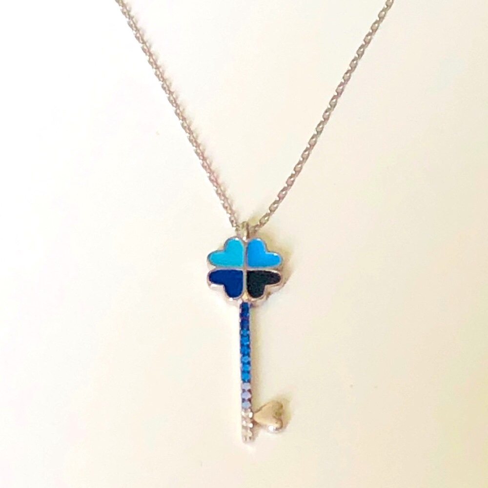 Blue heart clover key 925 silver cz necklace - Picture 9 of 9